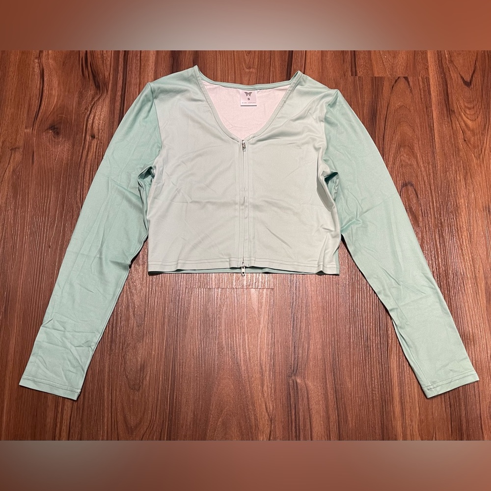 New Marc Defang Green Jade Zip Front Knit Long Sleeve Crop Top - S